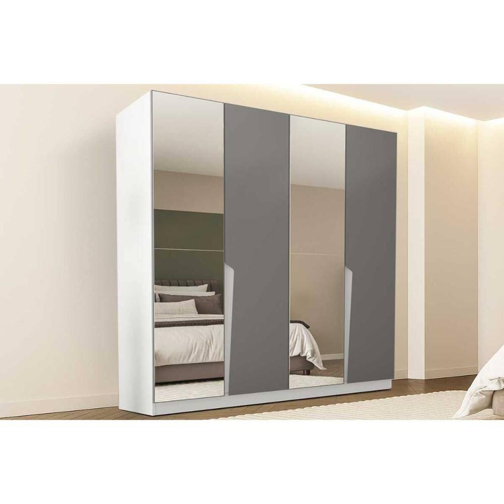 Guarda Roupa Casal 4 Portas (2 c/ Espelho) e 4 Gavetas Porto Branco/Cinza - Politorno