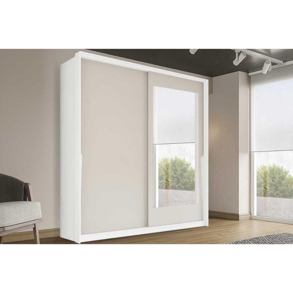 Guarda Roupa Casal 2 Portas de Correr (1 c/ espelho) e 2 Gavetas Porto Branco/Creme - Politorno