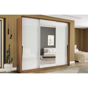 Guarda Roupa Casal 3 Portas de Correr (1 c/ espelho) e 4 Gavetas Porto Freijo/Branco - Politorno