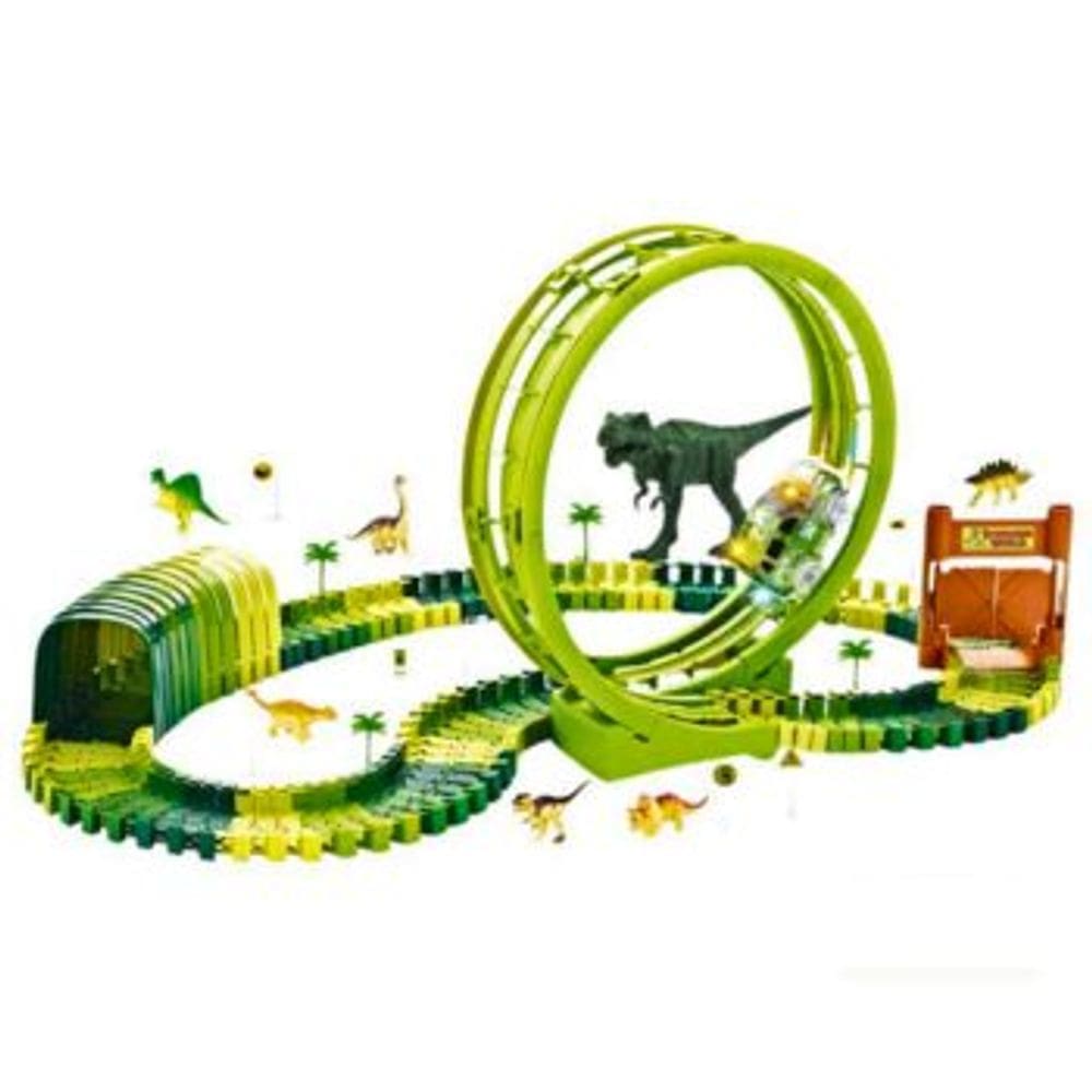 Pista Dinossauro Track com Looping e Acessorios 119 Pecas DM Toys Carrinho com Luz e 7 Mini Dinos
