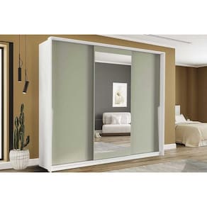 Guarda Roupa Casal 3 Portas de Correr (1 c/ espelho) e 4 Gavetas Porto Branco/Verde - Politorno