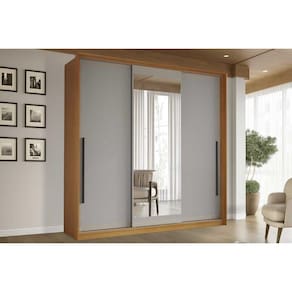 Guarda Roupa Casal 3 Portas de Correr (1 c/ espelho) e 4 Gavetas Valência Freijo/Cinza - Politorno