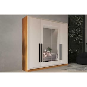Guarda Roupa Casal 4 Portas (2 c/ Espelho) e 4 Gavetas Valência Freijo/Creme - Politorno