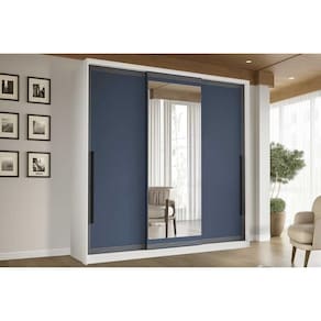 Guarda Roupa Casal 3 Portas de Correr (1 c/ espelho) e 4 Gavetas Valência Branco/Azul - Politorno