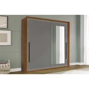 Guarda Roupa Casal 2 Portas de Correr (1 c/ espelho) e 2 Gavetas Valência Freijo/Cinza - Politorno
