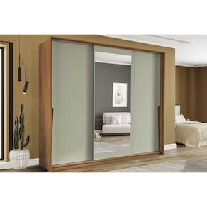 Guarda Roupa Casal 3 Portas de Correr (1 c/ espelho) e 4 Gavetas Porto Freijo/Verde - Politorno