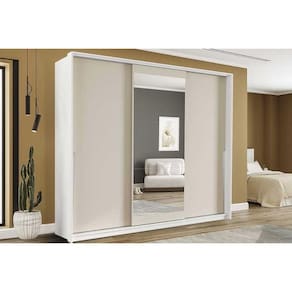 Guarda Roupa Casal 3 Portas de Correr (1 c/ espelho) e 4 Gavetas Porto Branco/Creme - Politorno