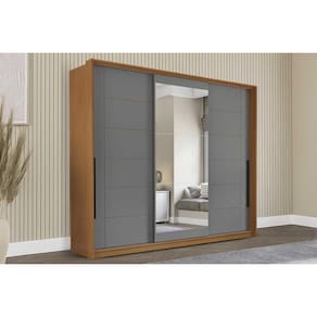 Guarda Roupa Casal 3 Portas de Correr (1 c/ espelho) e 4 Gavetas Lisboa Freijo/Cinza - Politorno