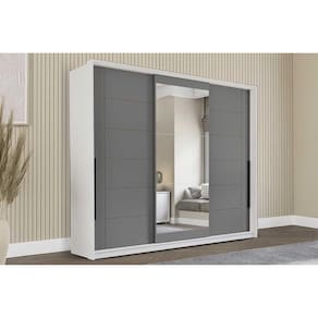 Guarda Roupa Casal 3 Portas de Correr (1 c/ espelho) e 4 Gavetas Lisboa Branco/Cinza - Politorno
