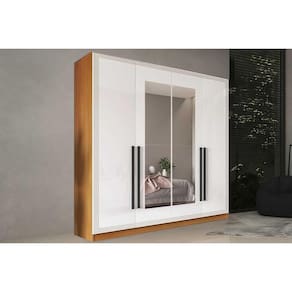 Guarda Roupa Casal 4 Portas (2 c/ Espelho) e 4 Gavetas Valência Freijo/Branco - Politorno