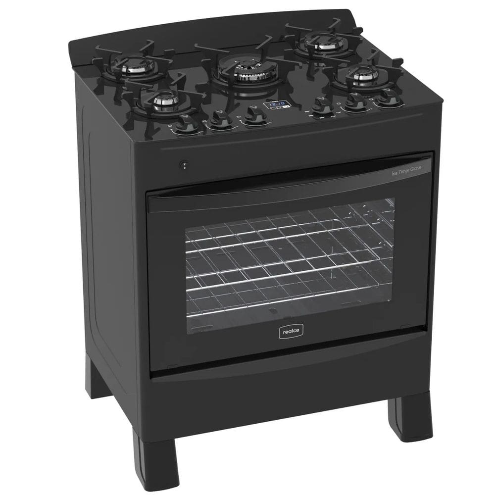 Fogão 5 Bocas Preto Iris Timer Glass com Forno 94 L Realce
