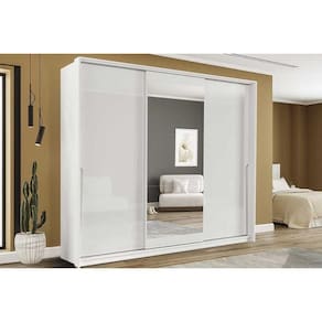 Guarda Roupa Casal 3 Portas de Correr (1 c/ espelho) e 4 Gavetas Porto Branco - Politorno