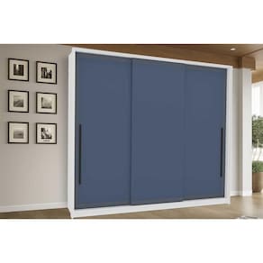 Guarda Roupa Casal 3 Portas de Correr e 4 Gavetas Valência Branco/Azul - Politorno