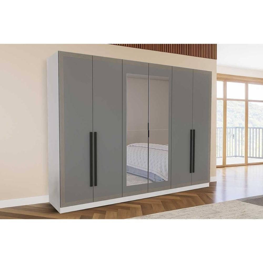 Guarda Roupa Casal 6 Portas (2 c/ Espelho) e 4 Gavetas Lisboa Branco/Cinza - Politorno