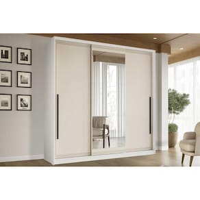 Guarda Roupa Casal 3 Portas de Correr (1 c/ espelho) e 4 Gavetas Valência Branco/Creme - Politorno