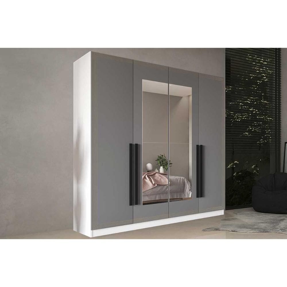Guarda Roupa Casal 4 Portas (2 c/ Espelho) e 4 Gavetas Valência Branco/Cinza - Politorno