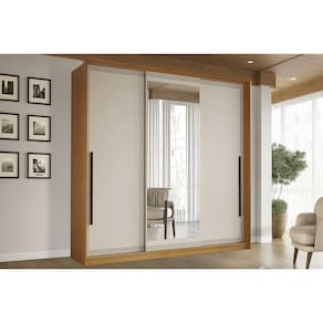 Guarda Roupa Casal 3 Portas de Correr (1 c/ espelho) e 4 Gavetas Valência Freijo/Creme - Politorno