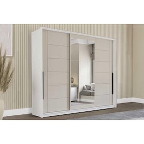 Guarda Roupa Casal 3 Portas de Correr (1 c/ espelho) e 4 Gavetas Lisboa Branco/Creme - Politorno