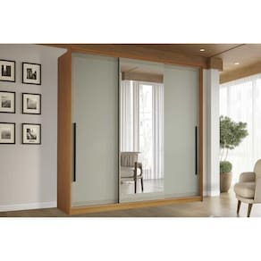 Guarda Roupa Casal 3 Portas de Correr (1 c/ espelho) e 4 Gavetas Valência Freijo/Verde - Politorno
