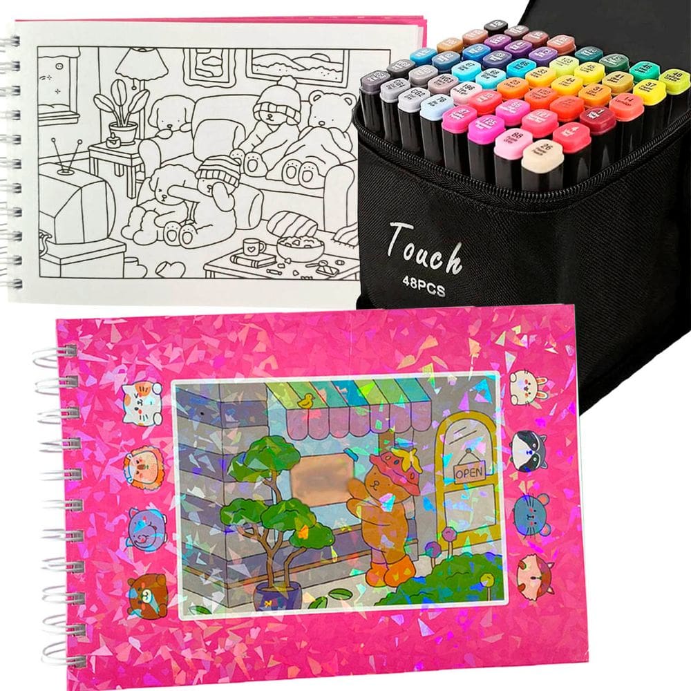 Livro Colorir Pintar Ursinho Fofo Canetinhas 48 Cores 100 Paginas Capa Dura Caneta Ponta Dupla