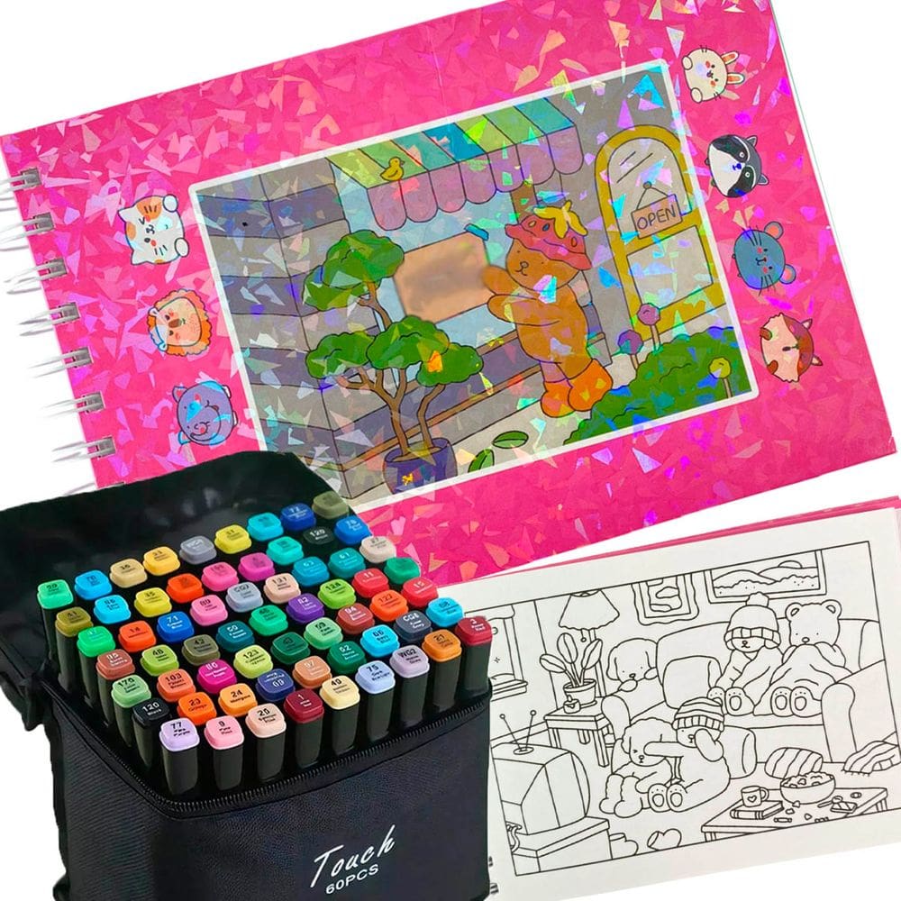 Livro de Pintar Ursinho Fofo Canetinhas 60 Cores Ponta Dupla Caderno Colorir Capa Dura 100 Paginas