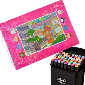 Canetinha 48 Cores Kit Com Livro Colorir Ursinho Fofo Desenho Divertido Estojo Pintura Colorir