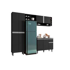 Balcão Para Cozinha E Armário Aéreo Vanessa Com 5 Peças Preto Fosco