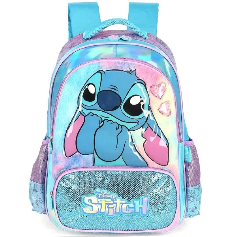 Mochila Costa Escola Bolso Pelucia Juvenil Lilo Stitch Azul