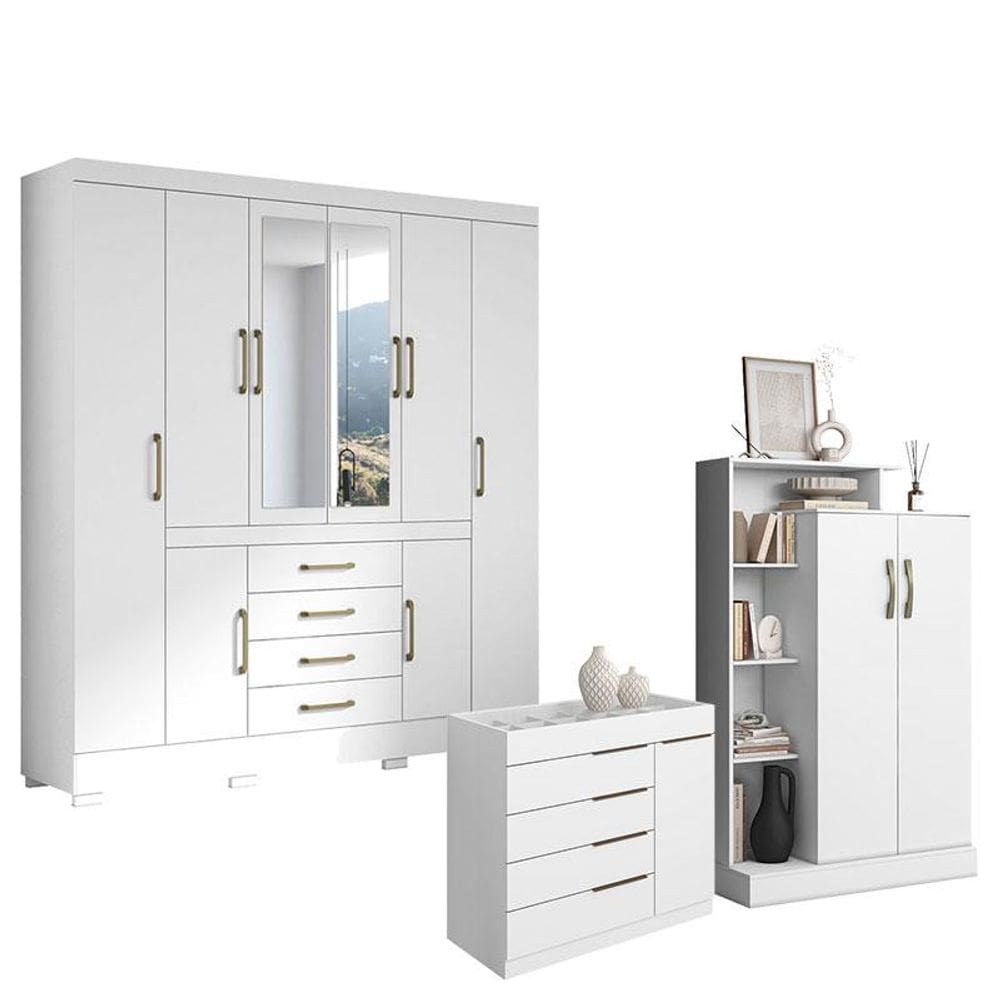 Guarda Roupa Casal Nápole 2045149 com Armário Multiuso Florença 2000199 e Cômoda Sapateira Sevilha 2004147 Branco Brilho - Aramóveis