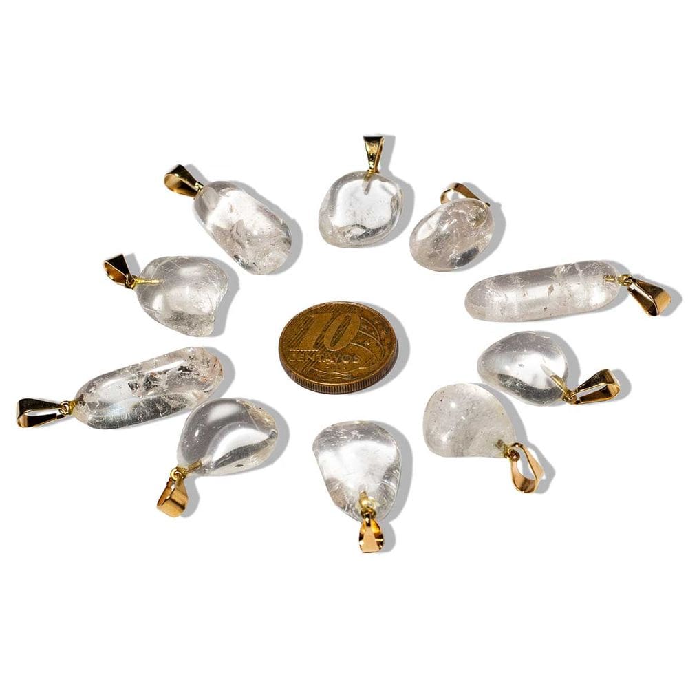 03 Pingente Pedrinha Quartzo Cristal Rolado Dourado