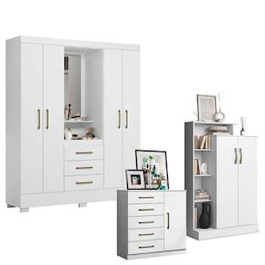Guarda Roupa Solteiro Paris 2045150 com Armário Multiuso Florença 2000199 e Cômoda Sapateira Milão 2014145 Branco - Aramóveis