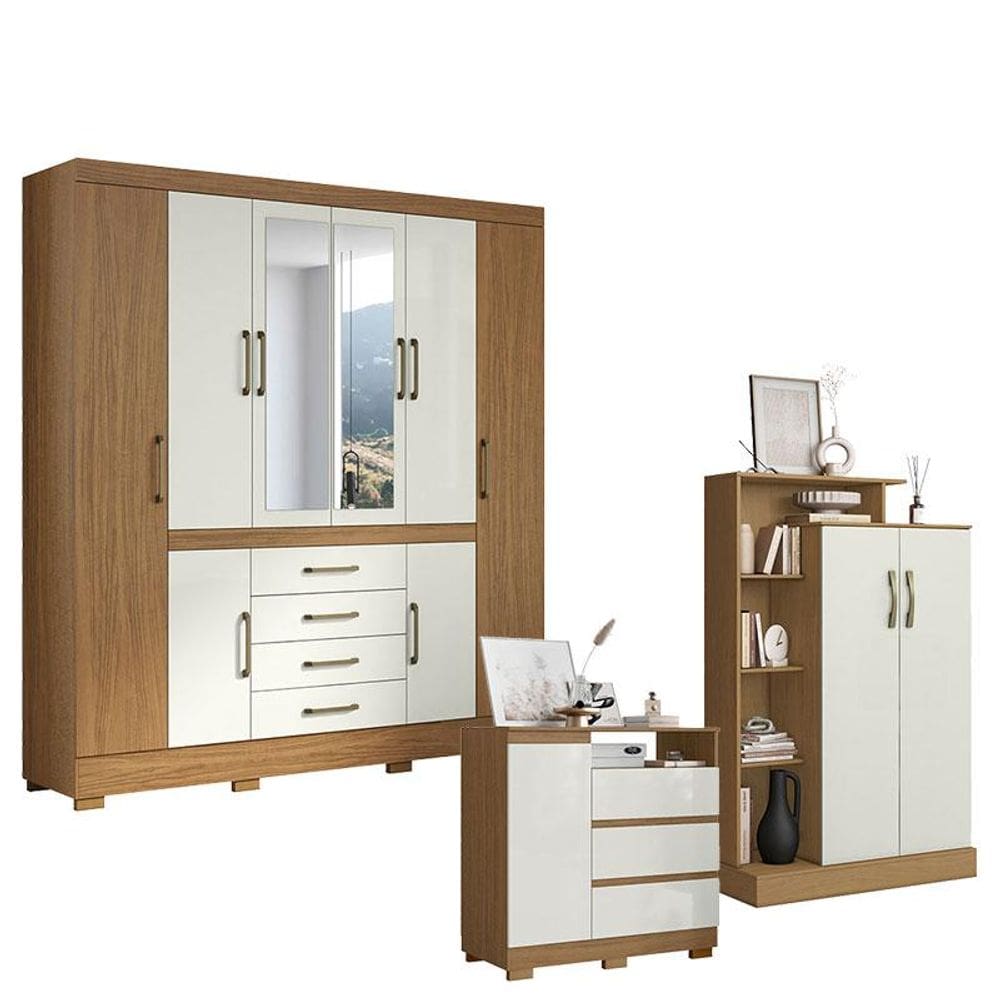 Guarda Roupa Casal Nápole 2045149 com Armário Multiuso Florença 2000199 e Cômoda Sapateira 2014143 Atacama Off White - Aramóveis
