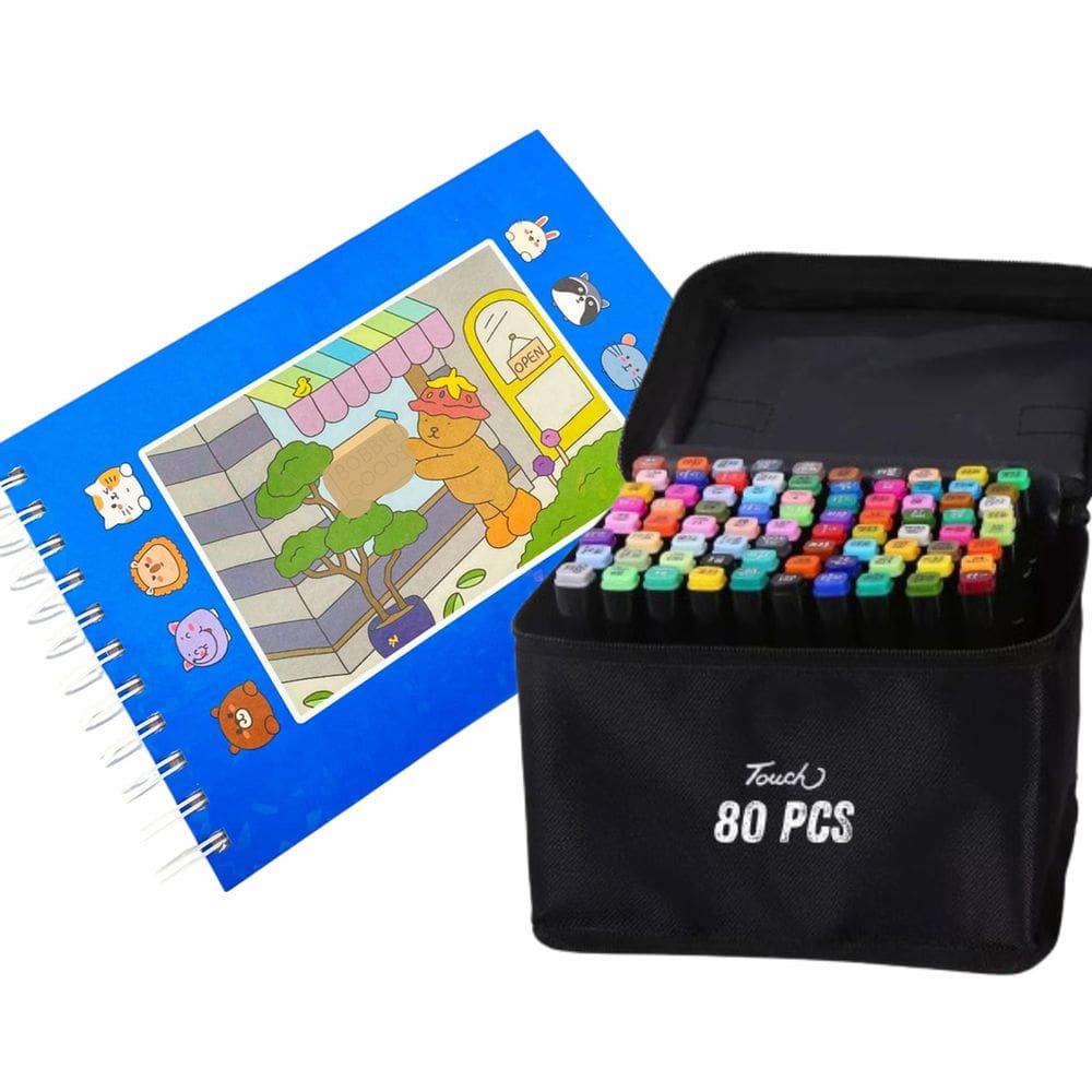 Canetinhas 80 Cores Livro De Pintar Ursinho Fofo Colorir 100 Paginas Estojo Canetas Desenho Divertido Hobbie