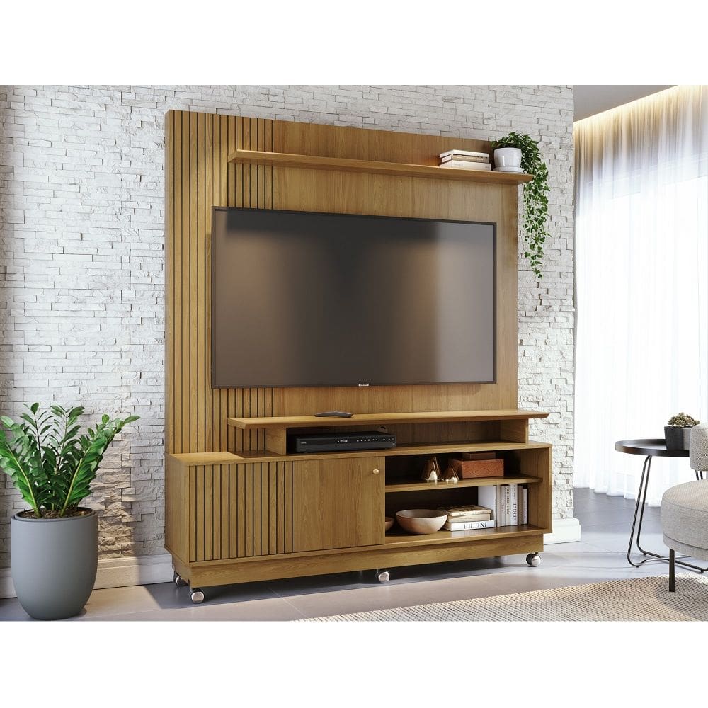 Home Theater Ares com Kit Rodizio Porta em MDF Frisado Para TV`s até 65 Polegadas - Cumaru Madetec