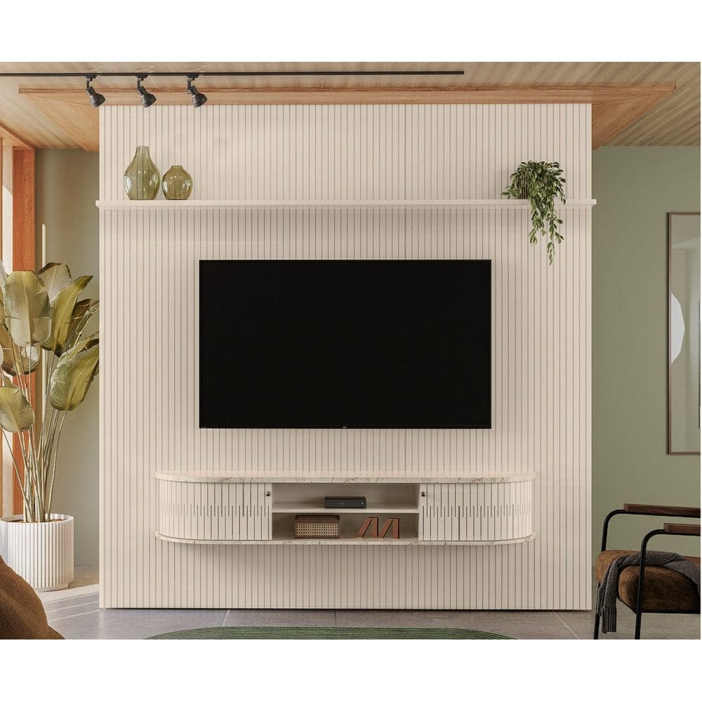 Home Suspenso New Bugatti Com Painel Ripado P/ TV 75`` - Calacata/Off White Madetec
