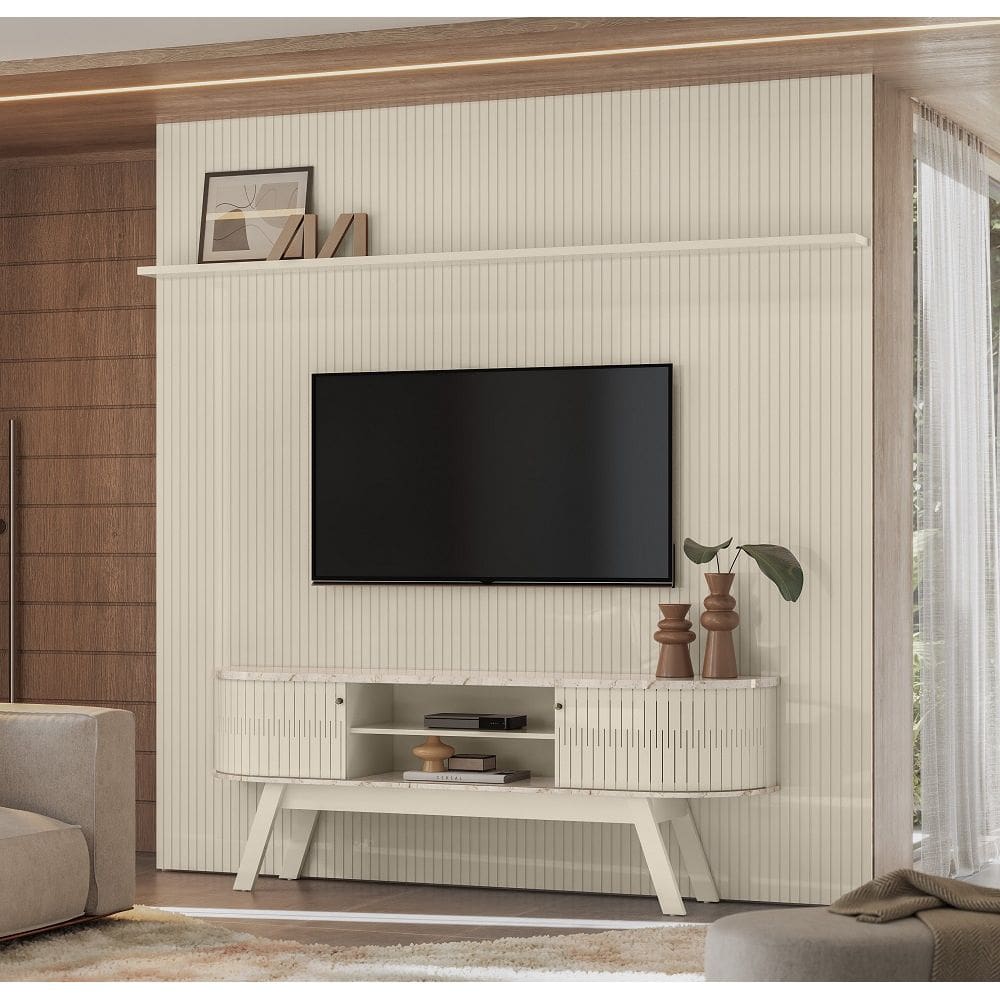 Composição New Laguna Painel Frisado com Bancada Retô P/ TV até 75`` - Calacata/Off White Madetec