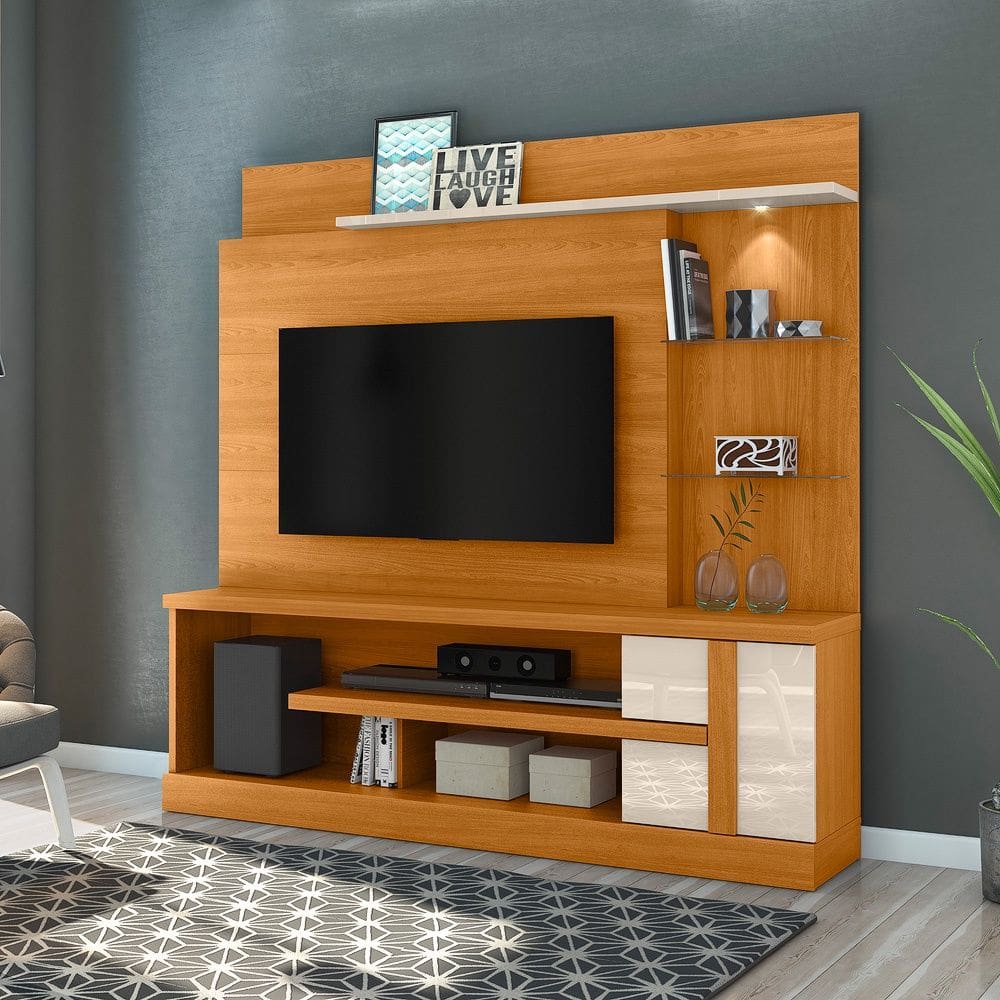 Home Theater Alan com Led e Prateleira de Vidro 5mm - Cinamomo/Off White Madetec