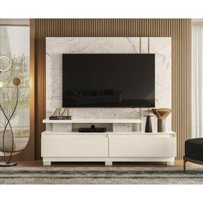 Home Theater New Apolo Com Pés 180m Para TV 75`` e 2 Gavetas - Calacata/Off White Madetec