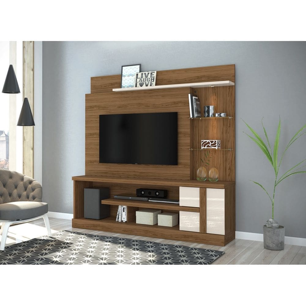 Home Theater Alan com Led e Prateleira de Vidro 5mm - Naturale/Off White Madetec