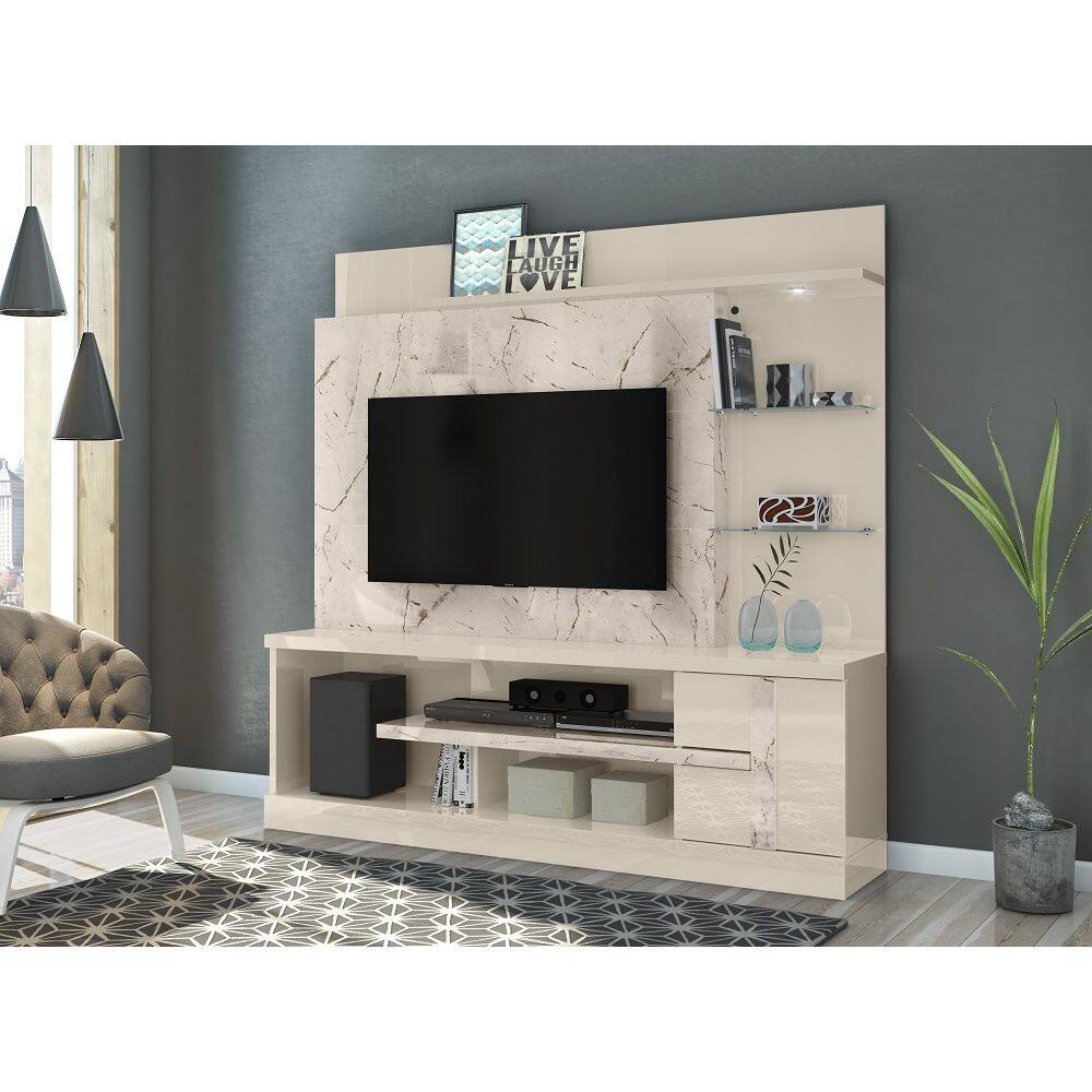 Home Theater Alan com Led e Prateleira de Vidro 5mm - Calacata/Off White Madetec