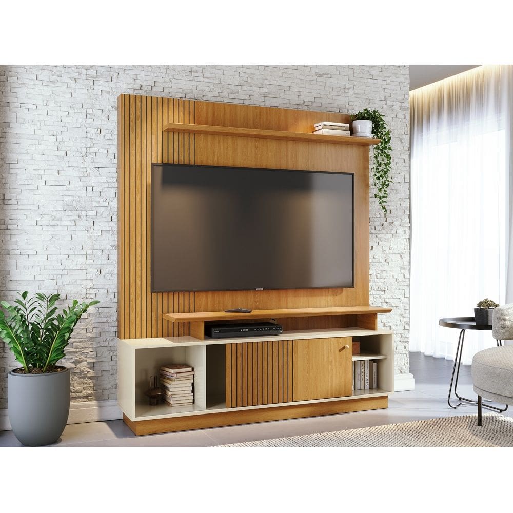 Home Theater Ares Porta em MDF Frisado Para TV`s até 65 Polegadas - Cinamomo/Off White Madetec