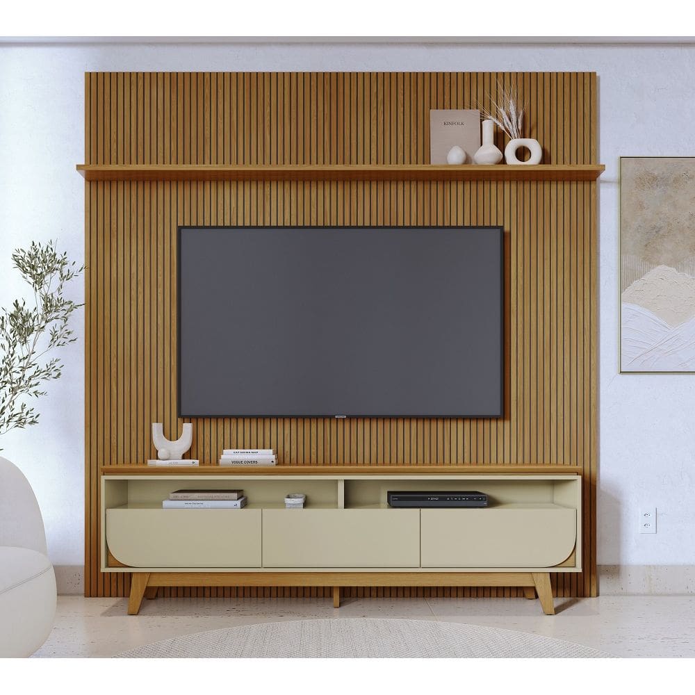 Composição Luna Painel Frisado com Bancada 3 Gaveta P/ TV`s Até 75``  - Cumaru/Opala Madetec