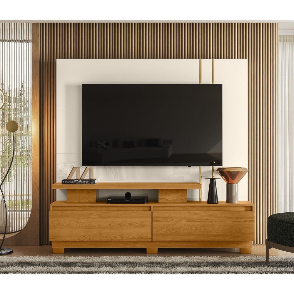 Home Theater New Apolo Com Pés 180m Para TV 75`` e 2 Gavetas - Cinamomo/Off White Madetec
