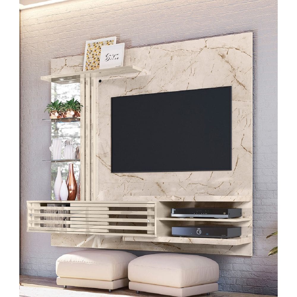 Bancada Suspensa com Painel Frizz Supreme C/ Iluminária de Led - Calacata/Off White Madetec