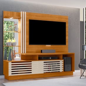 Home Theater Frizz Plus Com Portas Deslizantes Frisadas, Espelho e Led - Cinamomo/Off White Madetec