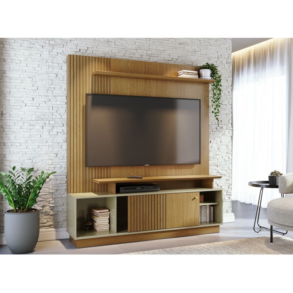 Home Theater Ares Porta em MDF Frisado Para TV`s até 65 Polegadas - Cumaru/Opala Madetec