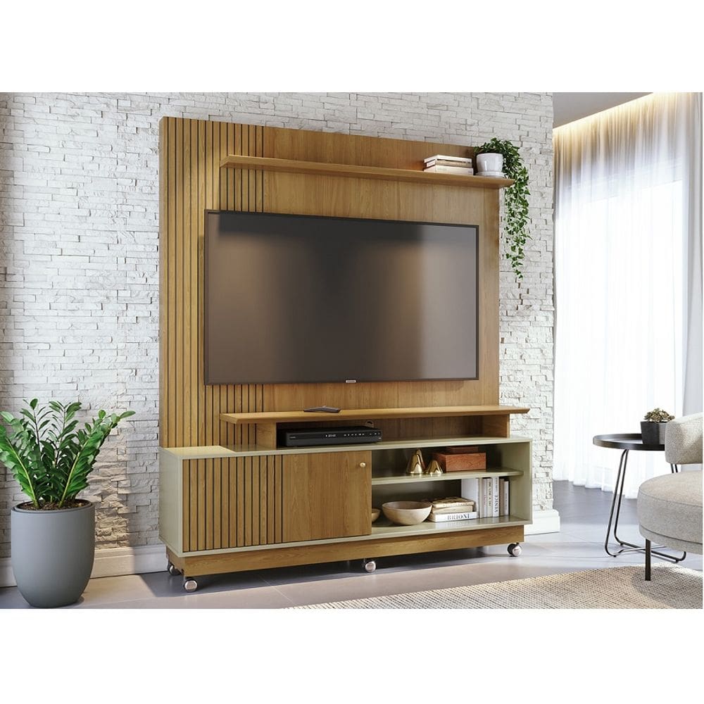 Home Theater Ares com Kit Rodizio Porta em MDF Frisado Para  TV`s até 65 Polegadas - Cumaru/Opala Madetec