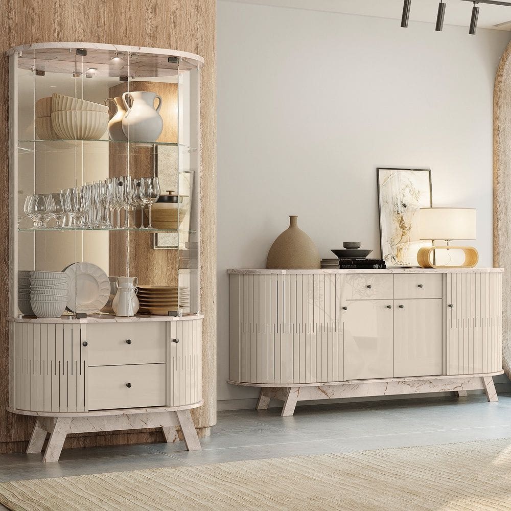 Buffet Mônaco com Cristaleira Moss Pés Retrô - Calacata/Off White Madetec