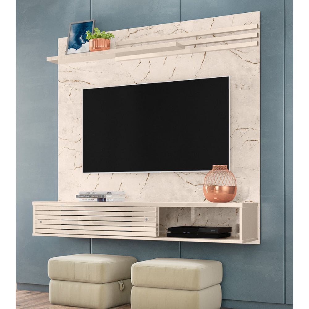 Painel com Bancada Suspensa Frizz Sublime 136m 2 Portas e Prateleira - Calacata/Off White Madetec