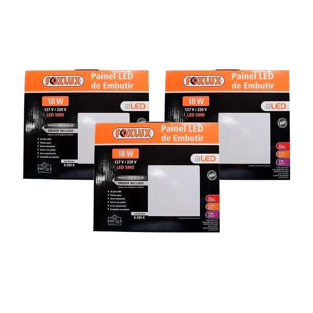 Kit 3 Painel Led 18w Downlight 6500k Quad Embutir Biv Foxlux